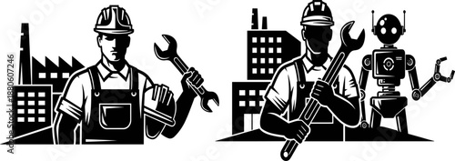 Industrial evolution concept, traditional worker with wrench, modern automation, humanoid robot, factory background, black and white illustration, labor transformation, technology shift