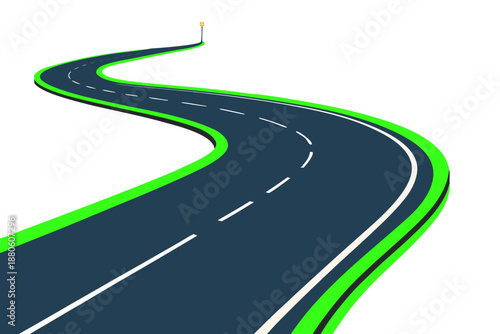 Abstract winding road with orange and white stripes on dark white background. Vector. Road Vector Illustration - A Journey Towards the Horizon on a white Background. Winding Road Curve Illustration.