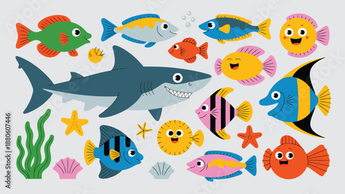 A joyful assortment of various colorful cartoon fish, a friendly shark, and marine creatures under the sea