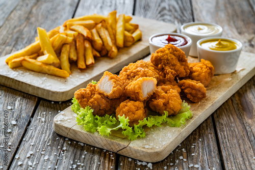 Breaded chicken nuggets with French fries and mayonnaise, ketchup, mustard on wooden table	