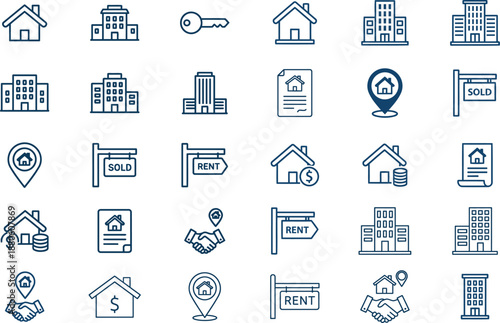 Real estate icon set featuring houses buildings sale search and property symbols for web and business design