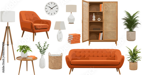 Mid-century modern furniture and decor set, orange sofa, wood cabinet, lamps, plants, stylish living room vector for interior design