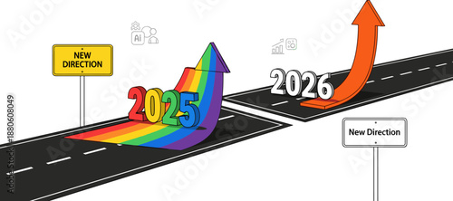 New direction concept, 2025 and 2026 road arrows, innovation path, AI icons, futuristic planning, upward growth, transformation illustration