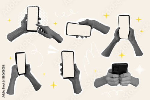 Phone in hand cut out halftone collage elements set. Pop art retro phone with empty screen sticker. Social media poster. App cover mockup. Smartphone blank display.