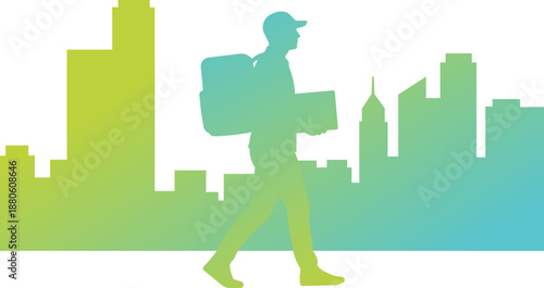 Delivery person silhouette walking with package and backpack against city skyline