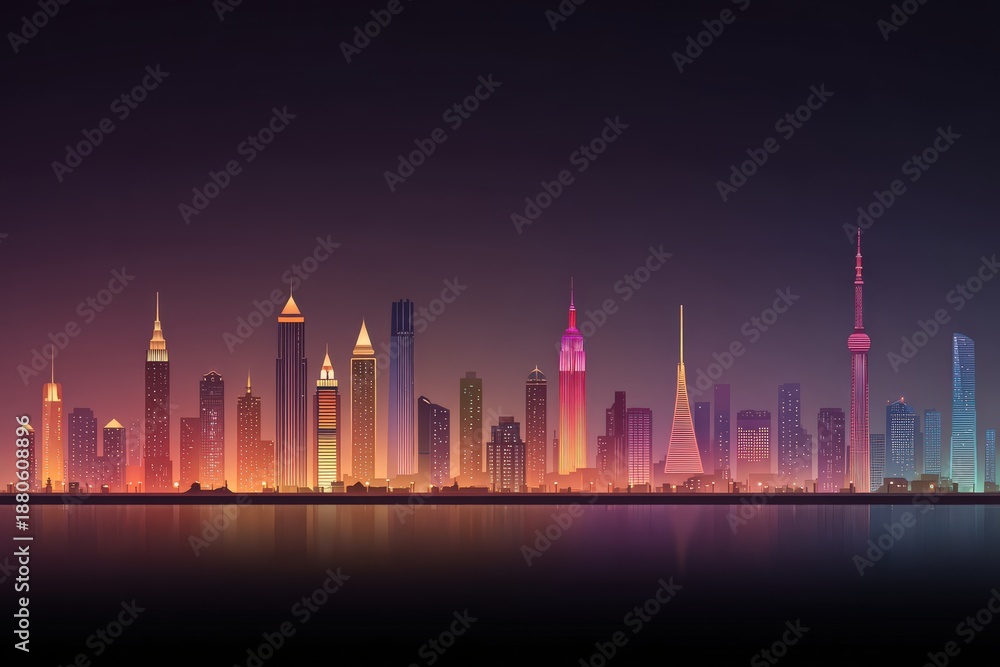 Obraz premium Stunning nighttime skyline view of iconic skyscrapers in an urban city landscape vibrant lights modern architecture