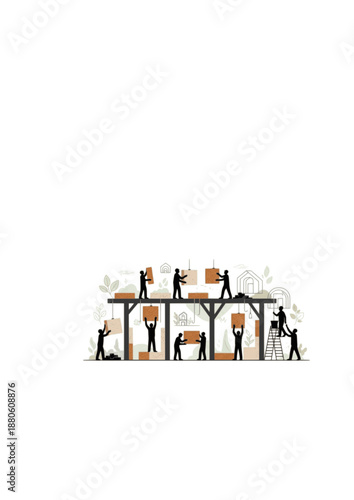 Mycelium Insulation Installation Silhouette, Sustainable Building Materials, Eco Friendly Construction and Bio Architecture Vector Design