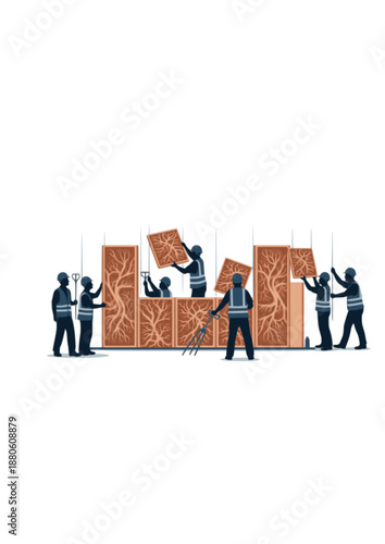 Mycelium Insulation Installation Silhouette, Sustainable Building Materials, Eco Friendly Construction and Bio Architecture Vector Design
