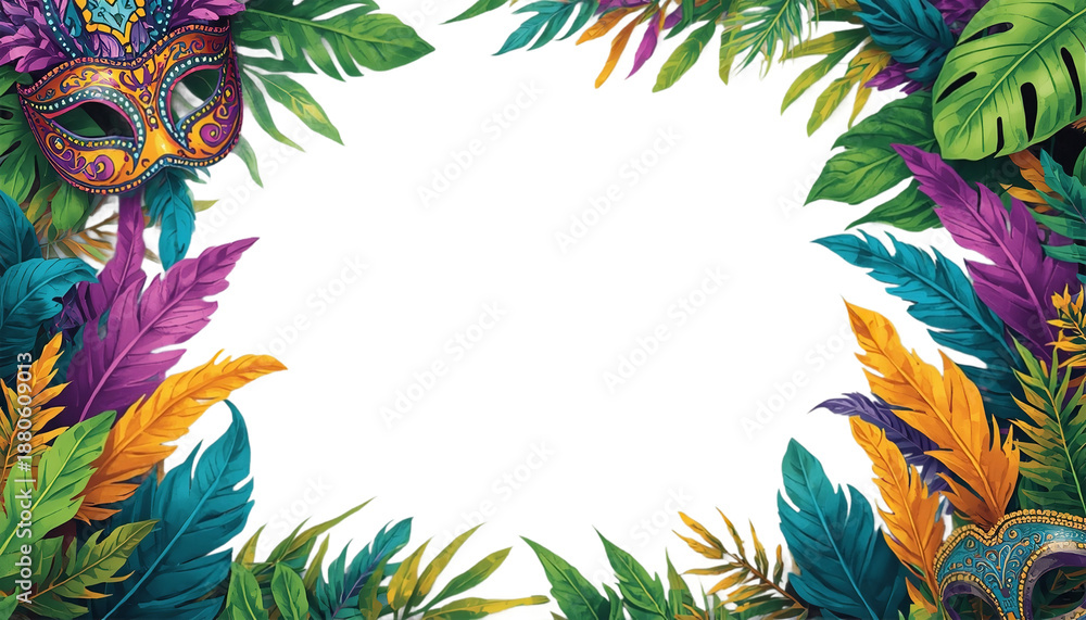 Naklejka premium A vibrant and colorful illustration of a masquerade mask surrounded by tropical leaves on transparent background