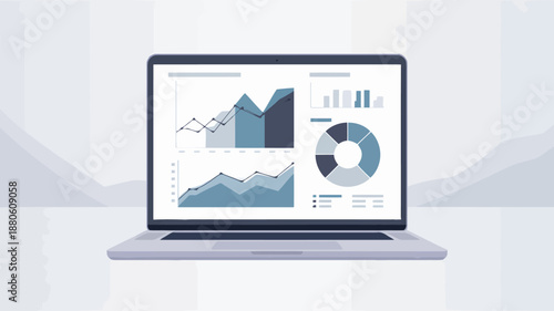 A modern laptop displaying various data analysis charts and graphs on its bright screen