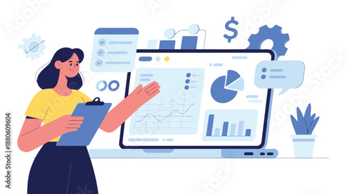 A person presents essential business analytics and financial insights on a laptop display