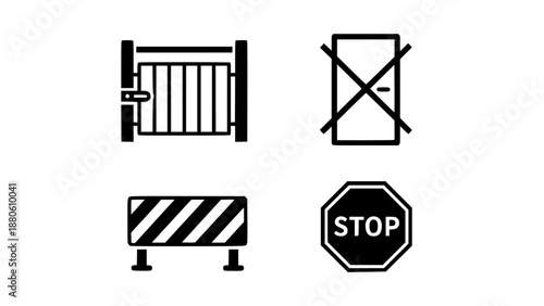 Barrier and safety signs including stop octagon barricade and restricted door symbols for access control