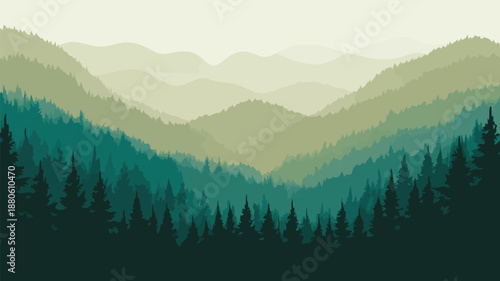 A serene landscape shows many layers of green and teal mountains covered with pine trees and fog