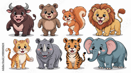 A set of eight adorable cartoon wild animals including a happy lion, tiger, rhino, and elephant