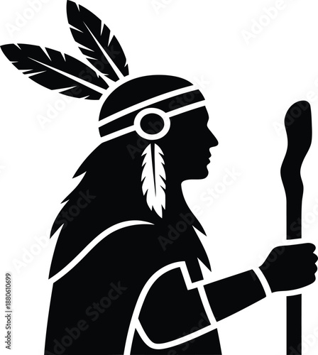 Native american indian chief silhouette with feathered headdress and staff
