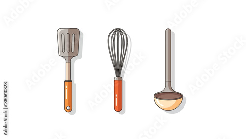 A clean and modern flat design icon set showcasing essential kitchen utensils for cooking. This vector illustration features a spatula, whisk, and ladle with a minimalist aesthetic.