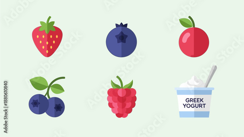 A vibrant flat design icon set illustrating a collection of healthy fruits and vegetables. This vector illustration showcases a combination for a delicious smoothie. Designed in a clean, minimalist 2D