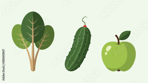 A vibrant flat design icon set illustrating a collection of healthy fruits and vegetables. This vector illustration showcases a combination for a delicious smoothie. Designed in a clean, minimalist 2D