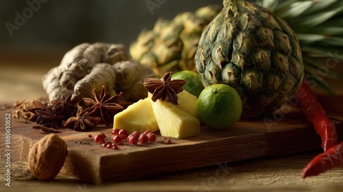 Exotic Still Life: Pineapple, Ginger, Lime, and Spices on a Wooden Board
