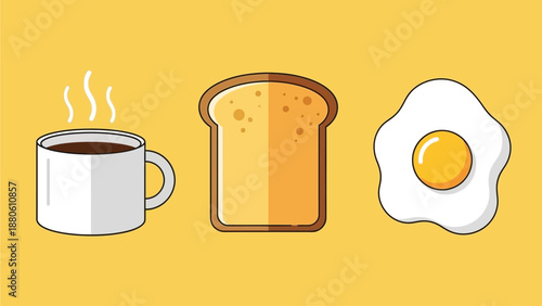An inviting flat design icon collection showcasing classic breakfast food items. This vector illustration features a coffee cup, toast, and a fried egg, created with a clean and minimalist 2D aestheti