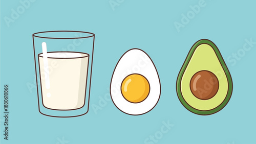 An inviting flat design icon collection showcasing classic breakfast food items. This vector illustration features a coffee cup, toast, and a fried egg, created with a clean and minimalist 2D aestheti