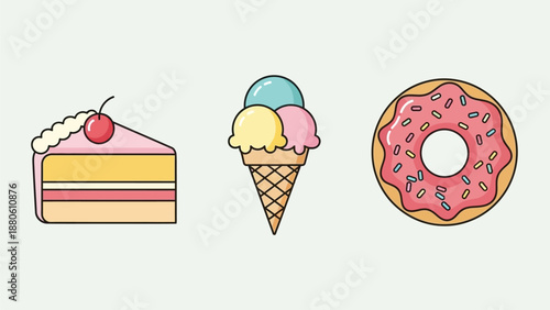 A delightful flat design icon collection illustrating a variety of popular sweet desserts. This vector illustration features cake, ice cream, and a donut, rendered in a clean, minimalist 2D style.