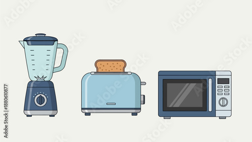A contemporary flat design icon set illustrating a selection of essential kitchen appliances. This vector illustration features a blender, toaster, and microwave, created with a clean, minimalist 2D 