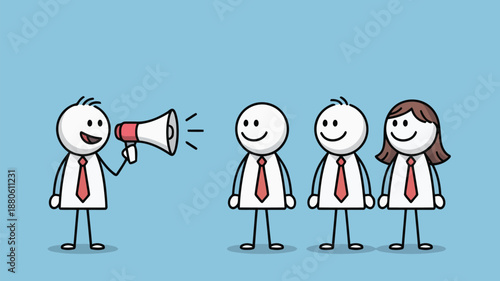 A smiling stick figure holding a megaphone communicates with three attentive smiling individuals