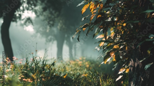 Enchanting autumn mist landscape with golden foliage and serene atmosphere