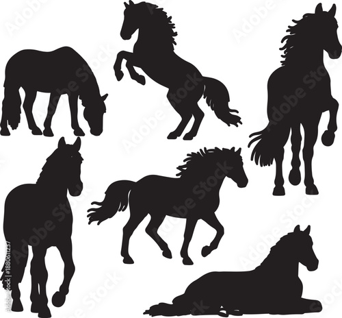Six black horse silhouettes in various poses