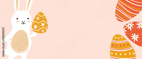 Cute Easter banner with white rabbit and decorated eggs. Flat vector illustration on pink background with copy space. Perfect for holiday sales, seasonal greetings and social media decor