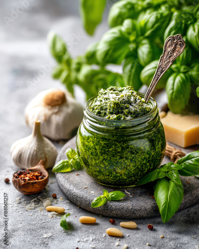 Wallpaper Mural Basil pesto ingredients with pine nuts, garlic and parmesan around a jar Torontodigital.ca