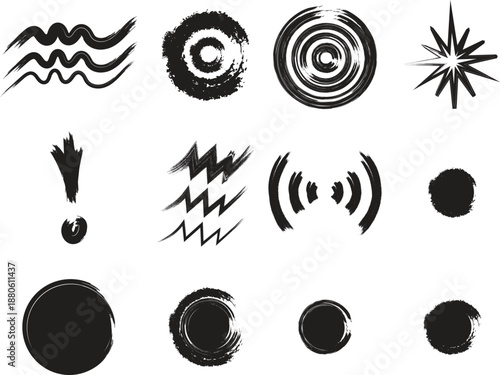 Collection of unique black inkblot and sound wave symbols on a white background