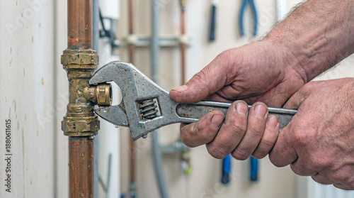 Man tightening heater valve with wrench on pipe in utility room