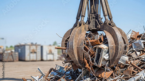 Worker operating crane grabbing scrap metal at scrapyard outdoors