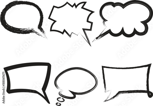 A collection of six comic book style speech bubbles in various shapes and sizes for dialogue and text