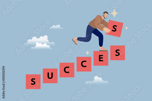 Building success concept. A determined businessman placing the final letter block to complete the word "SUCCESS," representing achievement, goal setting, and professional growth.