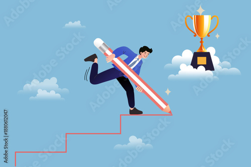 Successful businessman drawing a stairway to a trophy with a giant pencil. Concept for career path planning, creating opportunities, personal development, business growth, and proactive leadership.