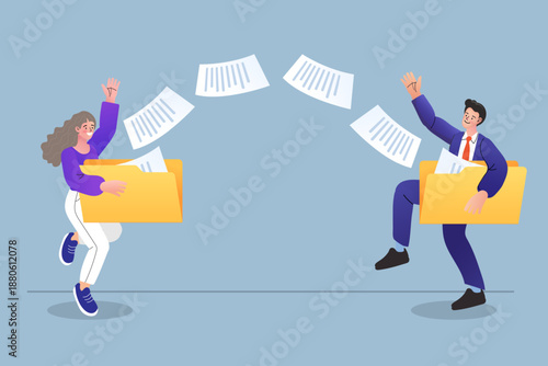 Data transfer and document management are showcased by a business team organizing files between folders. This illustration represents efficient data sharing, cloud storage workflow, and a central hub.