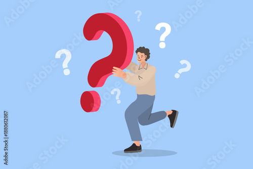 Description: Find the right answers and solutions. A young man holding a large question mark to represent curiosity, customer support, business problem solving, and frequently asked questions.