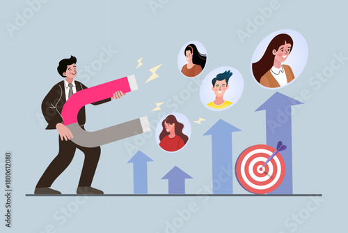 Attract your target audience with powerful marketing. A businessman using a giant magnet to pull potential clients and leads, representing inbound marketing success and rapid sales growth.