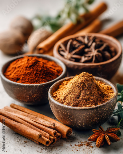Wallpaper Mural Aromatic spice bowls with cinnamon sticks, nutmeg, and cloves on white table, vertical Torontodigital.ca