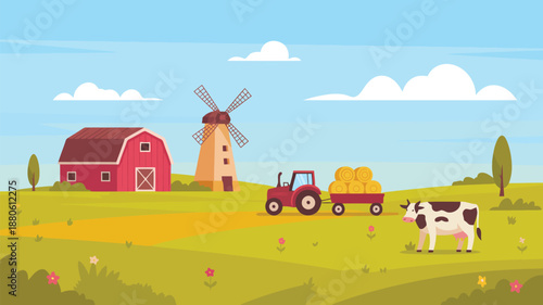 A vibrant cartoon farm scene showcases a red barn, windmill, tractor carrying hay, and a spotted cow