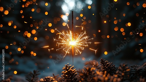 Close-up of sparkler burning in dark with light beams and bokeh effect, festive concept for New Year's Eve celebration and events
