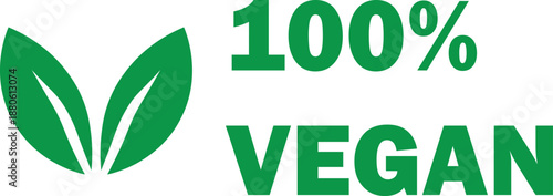 A vibrant green logo featuring two stylized leaves next to the bold text '100% VEGAN' on a clean white background, emphasizing plant-based products.