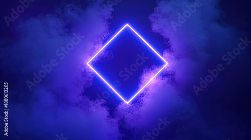 Abstract 3D blue glowing neon rhombus with smoke and square frame in clouds on dark background for design and decoration
