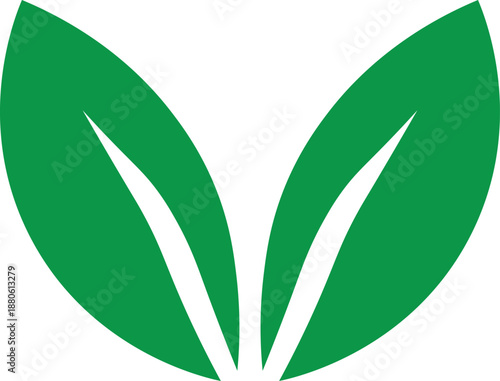 Stylized graphic of two vibrant green leaves forming a V-shape, symbolizing nature and growth.