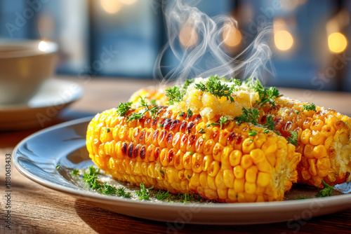 Wallpaper Mural Buttered corn on the cob with herbs on white plate, bright steam Torontodigital.ca