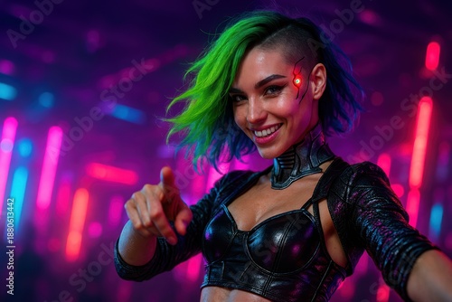 Smiling Cyberpunk Woman With Neon Green Hair And Glowing Eye Implant