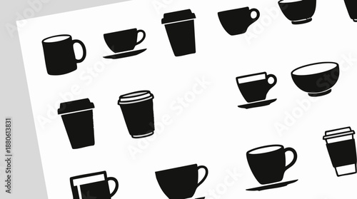 Black and white coffee cup icons on paper sheet